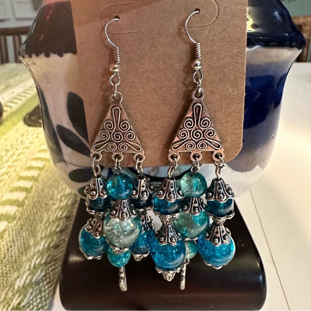 Boho Tribal Chandelier Earrings – Blue Glass Beads & Silver Accents